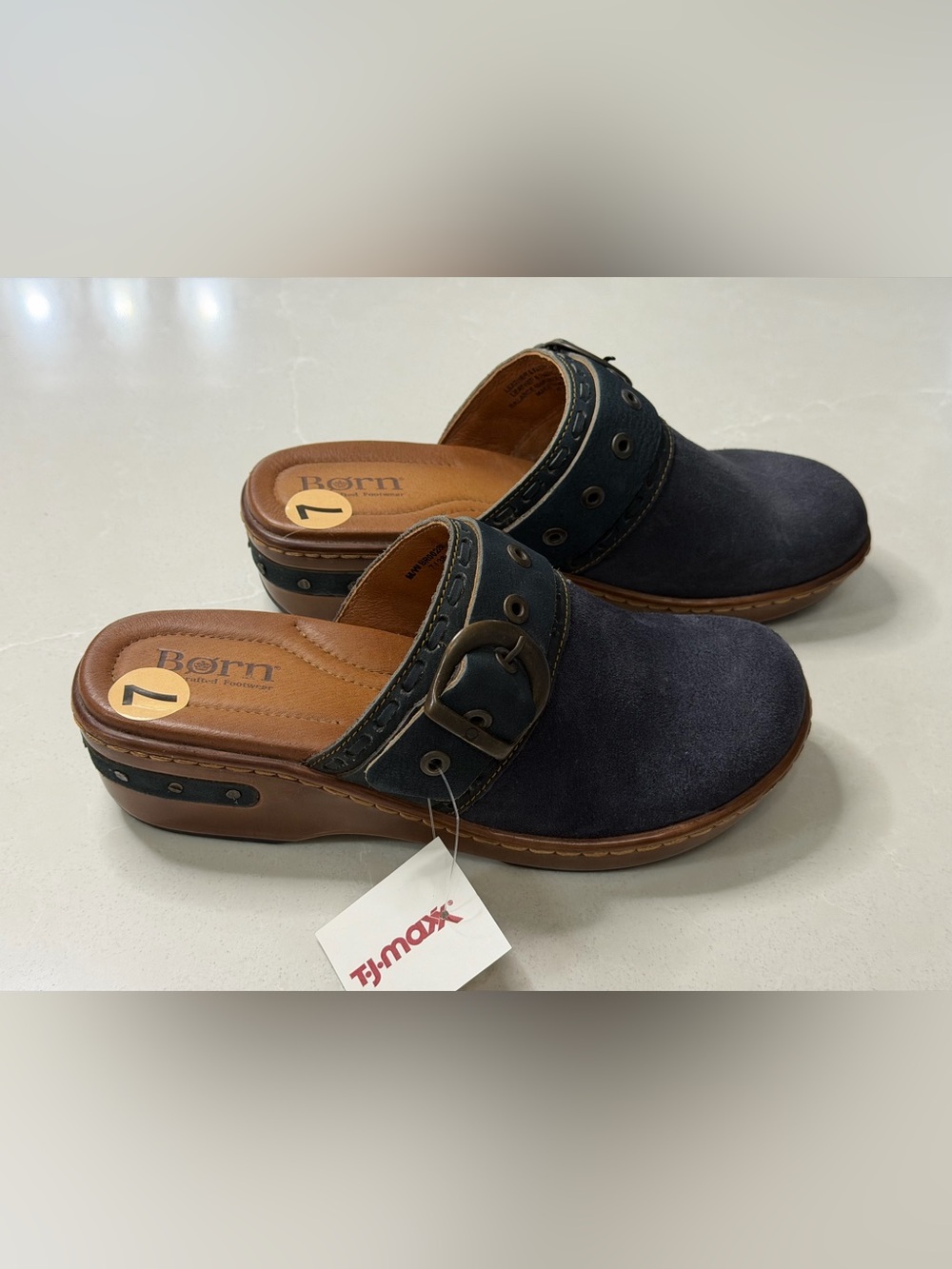 Born Banyan Navy Blue Suede Leather Buckle Clogs Mules Size 7 Comfort